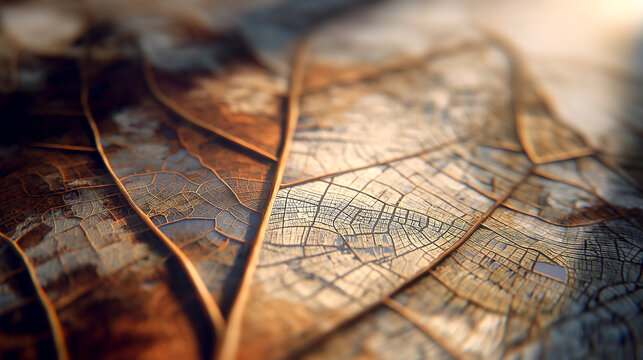Macro close-up of a dry autumn leaf showcasing intricate golden vein patterns and skeleton texture under soft glowing light, representing the detailed beauty of natural decay and age.