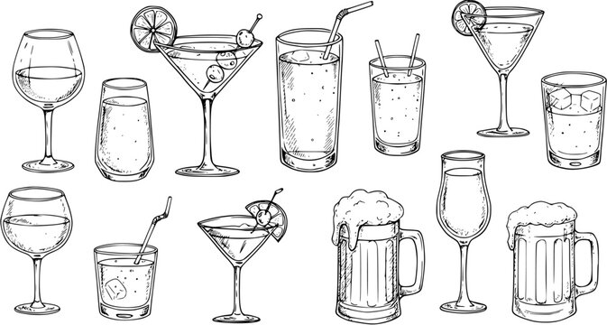 Hand-Drawn Cocktail  Drink Collection: Wine, Martini, Beer