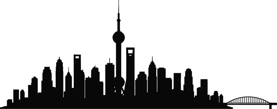 Shanghai cityscape skyline with skyscrapers and bridge silhouette  urban landscape