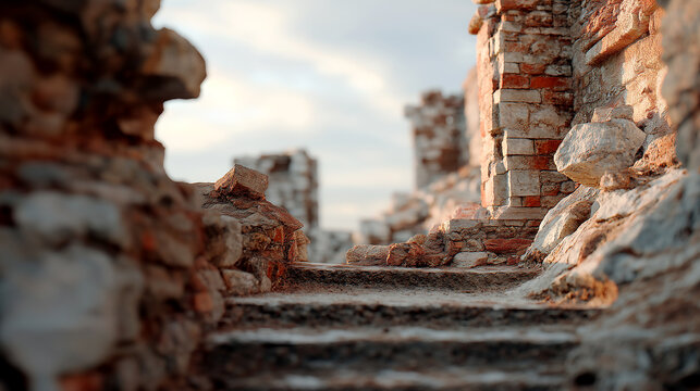 Close-up Macro Shot of Ancient Stone Ruins and Brickwork in Soft Natural Light. Detailed texture of weathered masonry and crumbling walls, telling the story of history, archaeology, and the passage