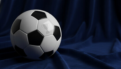 Naklejka premium Generic soccer ball on dark blue fabric background with subtle reflection