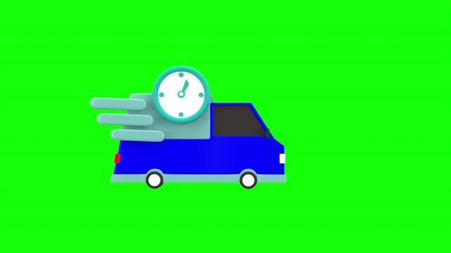 3d animation fast delivery car with a clock symbolizing express shipping or timely logistics services, ideal for use in e-commerce, transport, or delivery related content with alpha channel