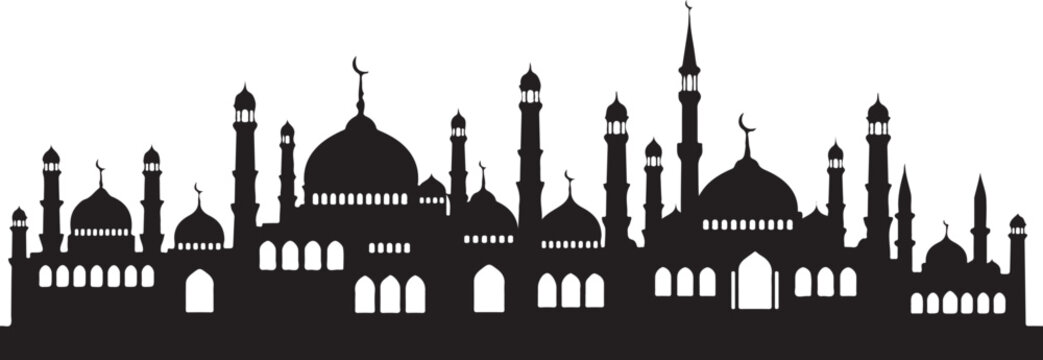 Black silhouette of a mosque with domes and minarets