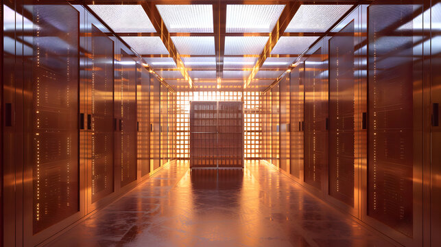 Modern server rack sitting inside a secure industrial electromagnetic shielding room.