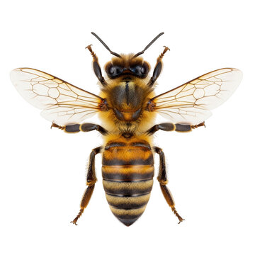 Black and yellow bee flying close up isolated on transparent background