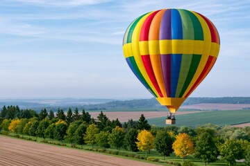 Naklejka premium Colorful hot air balloon flying over autumn landscape