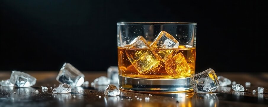 Crystal glass filled with golden whisky, ice melting, drink, elegant