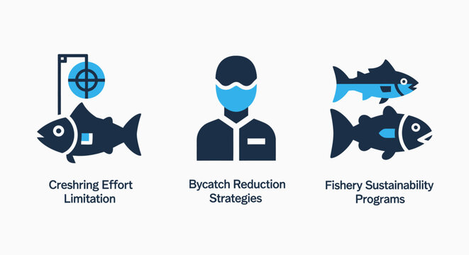 Icons representing fishery management concepts: fishing effort limitation with a target and fish, bycatch reduction strategy with a person wearing a mask, and fishery sustainability programs
