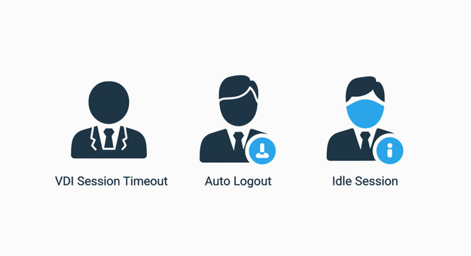 User session management icons: idle session auto logout session timeout with user interface user experience user profile digital identity system access security settings access control security