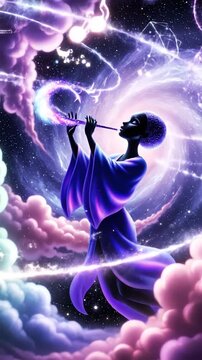 Celestial Being Playing Magical Flute in Cosmic Nebula Galaxy Space