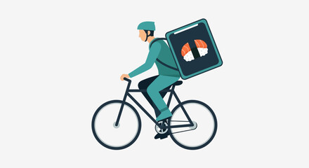 Obraz premium Delivery Person Riding Bicycle with Insulated Food Backpack