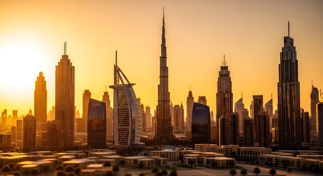 Dubai Skyline at Sunset with Burj Khalifa and Modern Architecture.