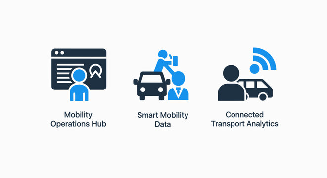 Mobility operations hub smart mobility data connected transport analytics icons with mobility operations transport analytics connected automotive internet wireless technology logistics