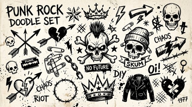 Black and white punk rock subculture doodle set with various symbols.