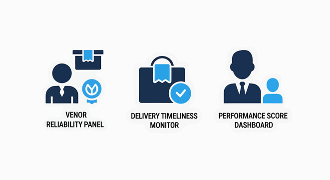 Collection of three business icons featuring user priority plans delivery timeliness monitor performance score dashboard for operational management and analytics human resources business