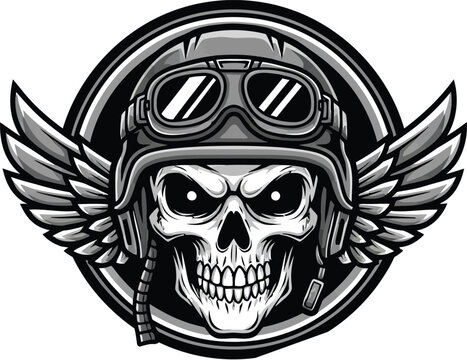 Skull wearing aviator helmet with goggles and wings on head