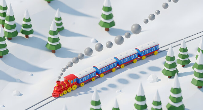 Toy steam train traveling through snowy winter landscape