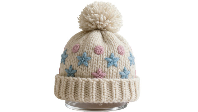 Cream knitted beanie with blue stars and pink dots, isolated on transparent background