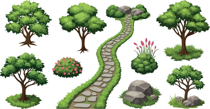 Isometric garden landscape elements, green deciduous trees and stone path vector set, outdoor park foliage and rocks for game design and map creation