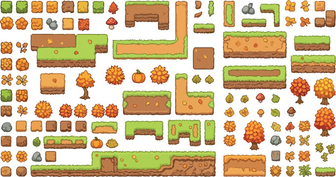 Pixel art game tileset with autumn forest elements, retro 8-bit platformer level design kit, nature environment assets for video game development