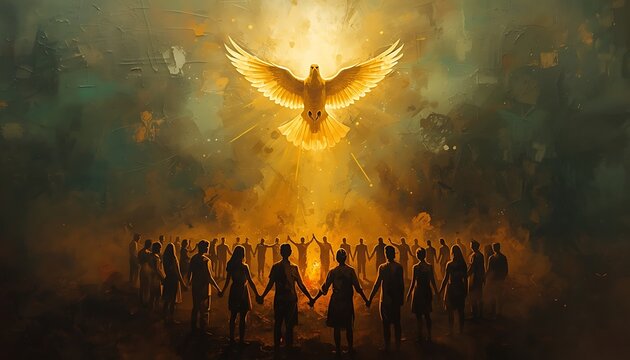 Flock of people receiving divine light and guidance with holding hands divine intervention holy spirit divine presence divine power light beam spirituality guidance community religion