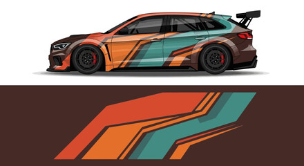 Fototapeta premium Vibrant stylized race car illustration with bold geometric shapes and color blocks.