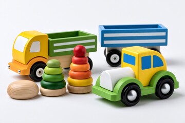 Naklejka premium Colorful wooden toy cars and stacking rings for childhood play