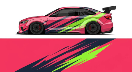 Vibrant neon-wrapped race car with bold graphic stripes and sleek design. © AhzaArdiansyah