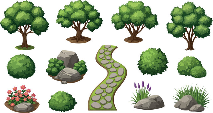 Garden landscape design elements, 13 vector icons of green trees and stone path, outdoor park foliage and shrubbery set for map creation