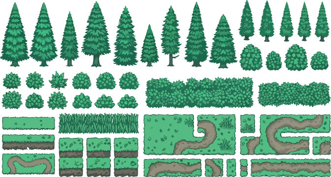 Pixel art forest game assets set, retro 8-bit evergreen pine trees and bushes, green nature landscape map tiles for video game design