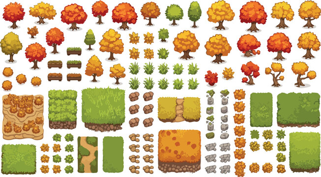 Pixel art game assets collection, autumn forest environment set with orange trees and grass tiles, retro 8-bit nature landscape elements vector