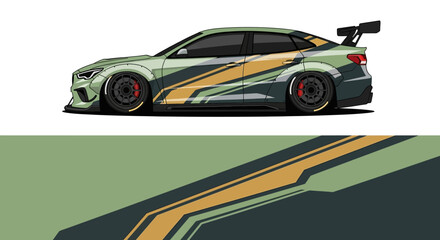 Low-profile racecar with vivid green and gold livery and aerodynamic rear spoiler on a track. © AhzaArdiansyah