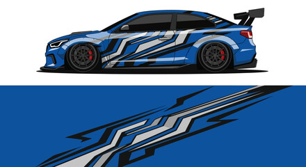 Blue race car with bold graphic livery speeding on a track under dramatic styling. © AhzaArdiansyah