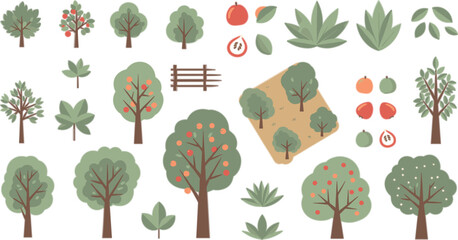 Fruit Trees and Garden Plants Vector Set Featuring Apple Trees, Bushes, Leaves and Organic Nature Elements in Flat Illustration Style © MstBobita