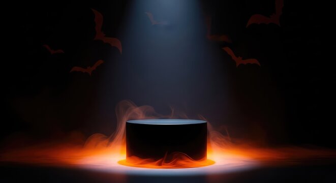 A minimalist dark Halloween scene featuring a sleek black pedestal under dramatic lighting with orange mist and abstract bat silhouettes, creative, season, spotlight