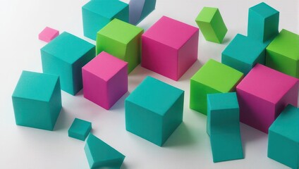 Obraz premium Vivid, scattered multi-colored cubes against a white backdrop; geometric composition and abstract design