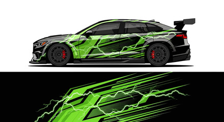 Sleek white race car with neon green graphic livery and aerodynamic styling. © AhzaArdiansyah