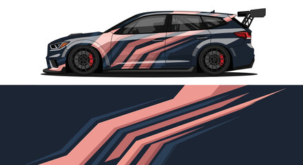 Fototapeta premium Sleek neon pink striped race car silhouette with bold aerodynamic design.