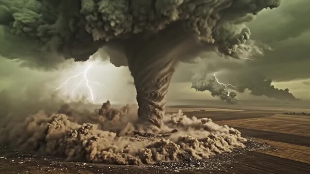Chaos Caused By Storm. Storm Brings Widespread Damage Rapidly. Thunder And Lightning Disrupt Peaceful Landscapes Violently. Violent Weather Unleashes Destruction Across Large Open Areas Swiftly.