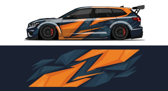 Sleek Orange and Blue Racing Car with Dynamic Aerodynamic Livery.