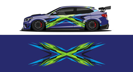 Blue race car with Jamaican flag livery speeding on track. © AhzaArdiansyah