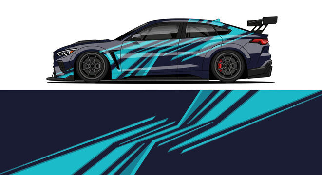 Sleek blue race car with dynamic geometric graphics and spoiler on white background.