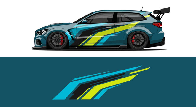Blue and teal race car with bold graphics and aero spoiler on a racing track.