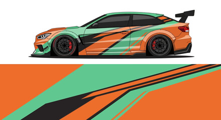 Fototapeta premium Vibrant abstract illustration of a high-speed orange and green race car with bold stripes and aero accents.