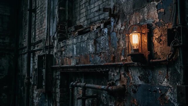 Rustic industrial wall with vintage glowing light bulb and exposed pipes in dark moody setting