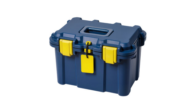 Heavy duty blue plastic toolbox with yellow latches and tag, isolated on transparent background