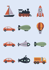 Flat Design Transportation Icon Set with Rocket, Submarine, Train, Car, and Ship Illustrations in Retro Colors © Prayitno