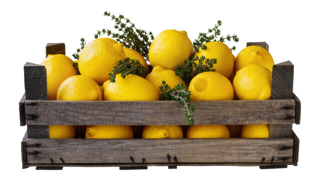 Rustic wooden crate overflowing with ripe yellow lemons and fresh green herbs, isolated on transparent background