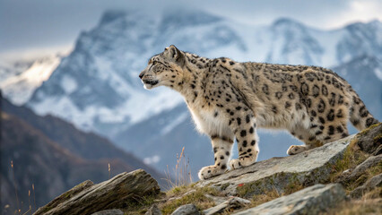 Obraz premium Snow Leopard in Mountain Landscape