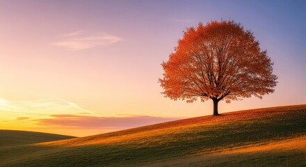 Fototapeta premium A solitary deciduous tree stands atop a grassy hill, its vibrant orange leaves glowing under a soft autumn light during a quiet sunset, vast, grass, sunshine